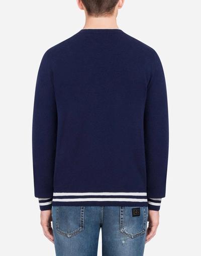 Shop Dolce & Gabbana Round Neck Cashmere Sweater With Intarsia In Blue