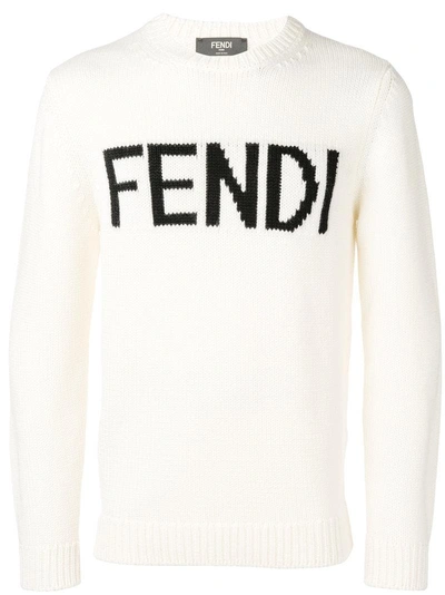 Shop Fendi Logo Knit Sweater - Neutrals