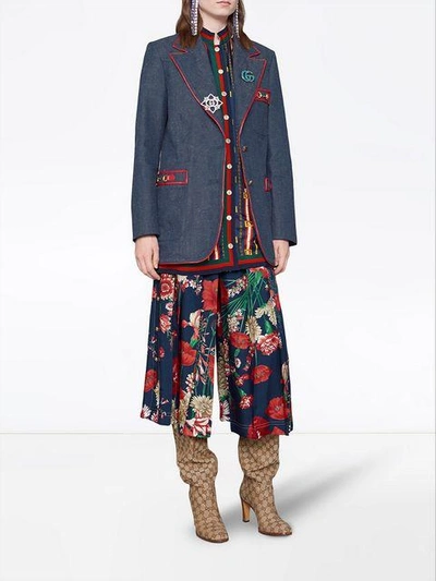 Shop Gucci Spring Bouquet Silk Pleated Pant In Blue