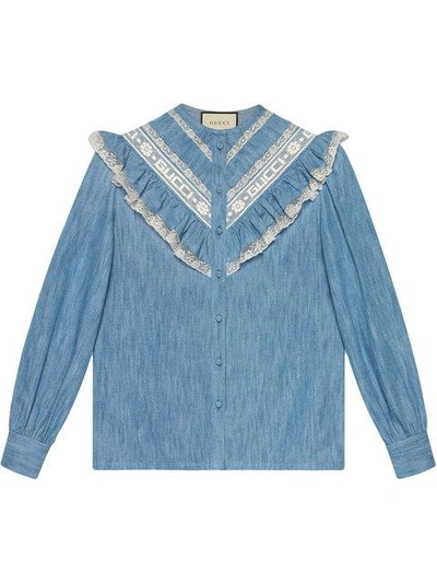 Shop Gucci Denim Ruffle Shirt In Blue
