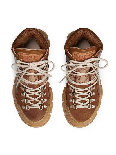Shop Gucci Original Journey Gg Leather Trekking Boots In Brown