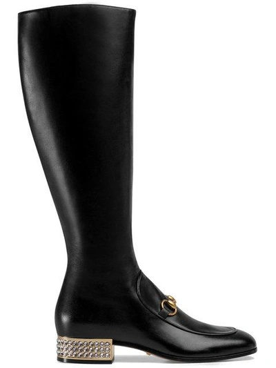 Shop Gucci Horsebit Leather Knee Boot With Crystals In Black