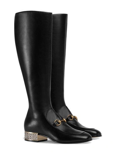 Shop Gucci Horsebit Leather Knee Boot With Crystals In Black