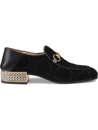 Shop Gucci Horsebit Gg Velvet Loafers With Crystals In Black