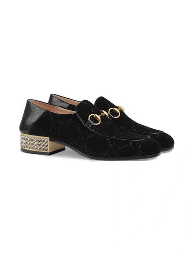 Shop Gucci Horsebit Gg Velvet Loafers With Crystals In Black