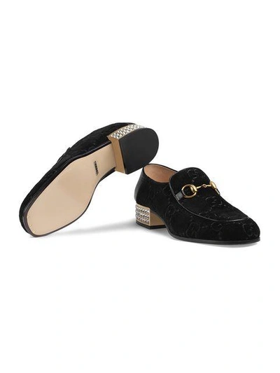 Shop Gucci Horsebit Gg Velvet Loafers With Crystals In Black