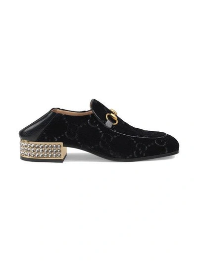 Shop Gucci Horsebit Gg Velvet Loafers With Crystals In Black