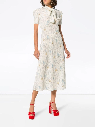 Shop Miu Miu Silk Printed Pussybow Midi Dress - Neutrals