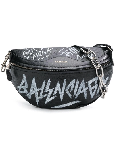 Balenciaga And White Xs Graffiti Leather Belt Bag In Black ModeSens