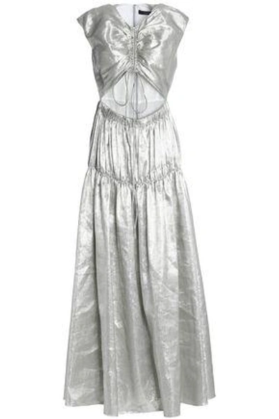 Shop Ellery Woman Cutout Ruched Linen-blend Lamé Gown Silver