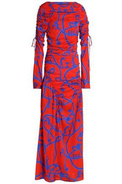Shop Ellery Woman Ruched Printed Silk-blend Gown Red