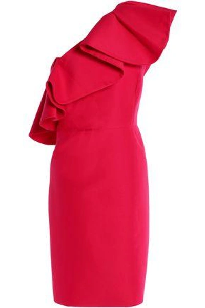 Shop Halston Heritage One-shoulder Ruffled Cotton And Silk-blend Dress In Red