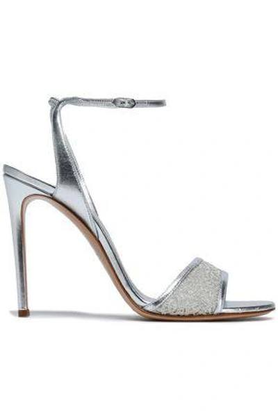 Shop Casadei Woman Metallic Leather And Embroidered Mesh Sandals Silver