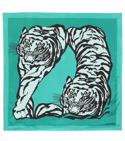 Shop Valentino Tiger Print Silk Scarf In Green