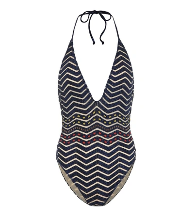 Shop Missoni Zig-zag Halter Swimsuit In Blue