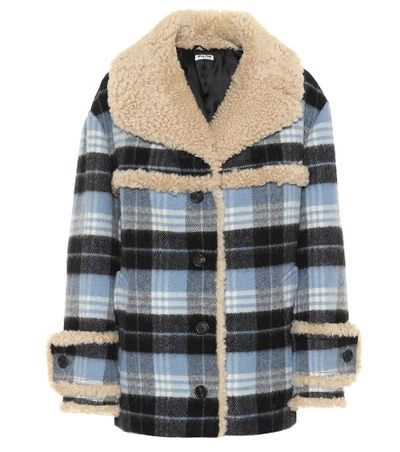 Shop Miu Miu Fur-trimmed Wool-blend Coat In Blue