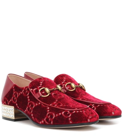 Shop Gucci Gg Embellished Velvet Loafers In Red