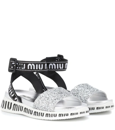 Shop Miu Miu Logo Glitter Sandals In Metallic