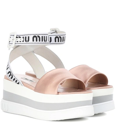 Shop Miu Miu Logo Satin Platform Sandals In Pink