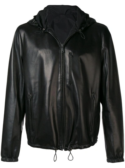 Shop Prada Hooded Zipped Biker Jacket - Black