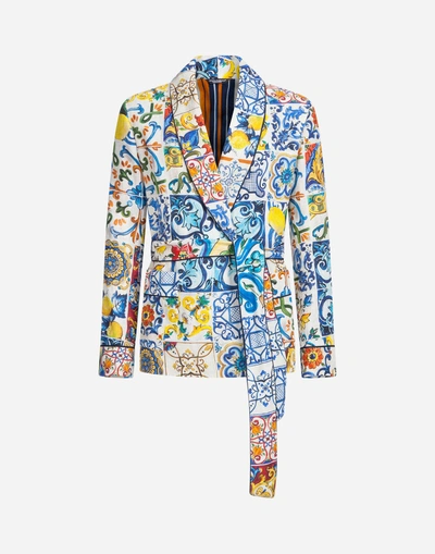 Shop Dolce & Gabbana Printed Linen Jacket/robe In Majolica Print