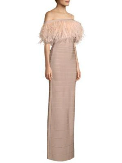 Shop Herve Leger Off-the-shoulder Feather Bandage Gown In Bare