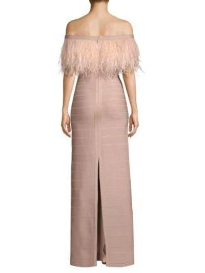 Shop Herve Leger Off-the-shoulder Feather Bandage Gown In Bare