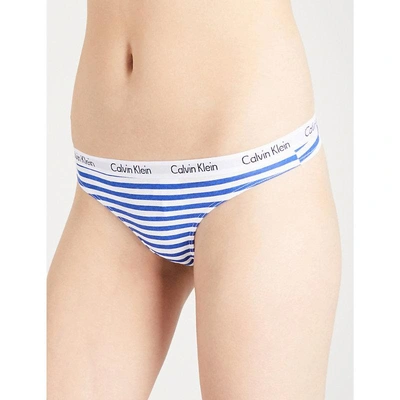 Shop Calvin Klein Carousel Stretch-cotton Thong In Swx Simple Stripe