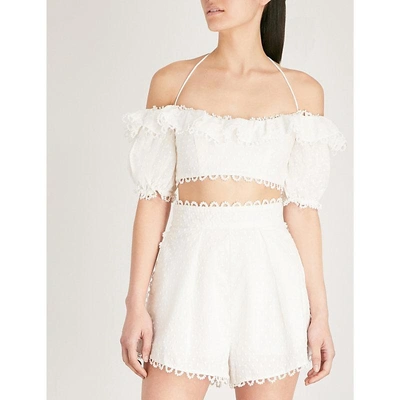 Shop Zimmermann Melody Off-the-shoulder Linen And Cotton-blend Top In Ivory