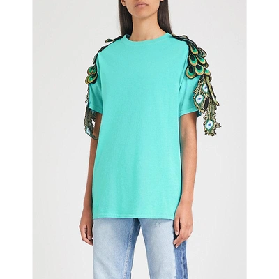 Shop Ragyard Peacock Appliqué Cotton T-shirt In Green