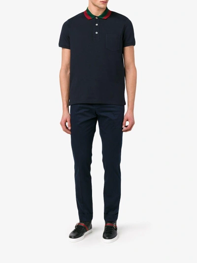 Shop Gucci Web Collar Polo Shirt In Blue