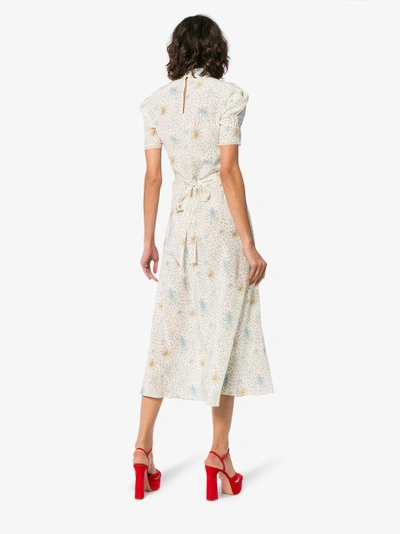 Shop Miu Miu Silk Printed Pussybow Midi Dress In Neutrals