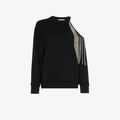 Shop Christopher Kane Diamante Fringed Cold-shoulder Cotton Sweatshirt In Black