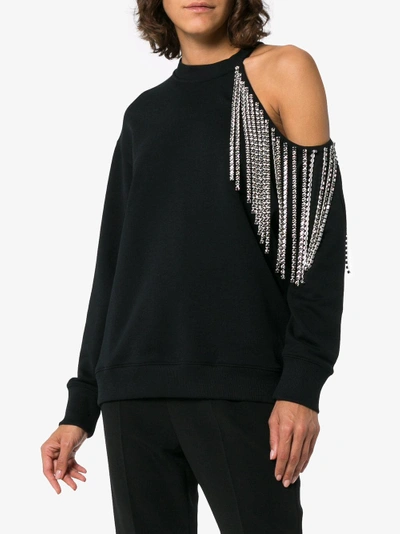 Shop Christopher Kane Diamante Fringed Cold-shoulder Cotton Sweatshirt In Black