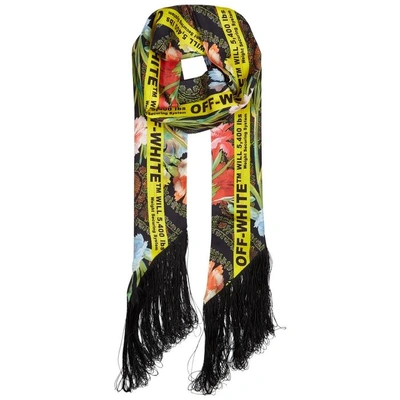 Shop Off-white Printed Fringed Silk Scarf In Black