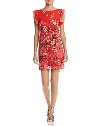 Shop T Tahari Tindra Printed Ruffle-trim Dress In Parrot Red