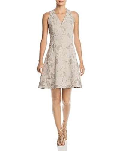 Shop T Tahari Annalise Floral Fit-and-flare Dress In Light Bamboo