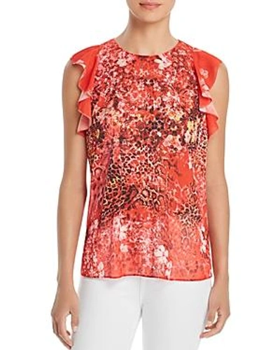 Shop T Tahari Kelby Printed Ruffle-trim Blouse - 100% Exclusive In Parrot Red