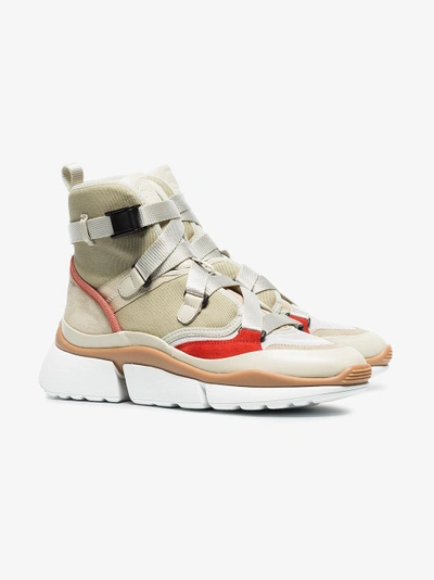 Shop Chloé Beige, Grey And Red Sonnie Suede Leather And Mesh High Top Sneakers In Neutrals