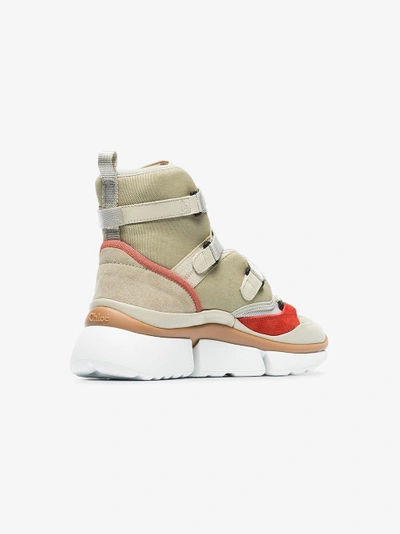 Shop Chloé Beige, Grey And Red Sonnie Suede Leather And Mesh High Top Sneakers In Neutrals
