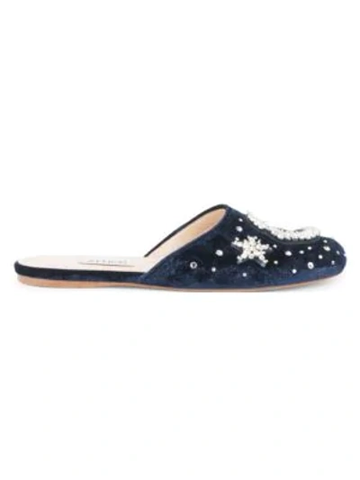 Shop Attico Embellished Velvet Moon Slides In Blue