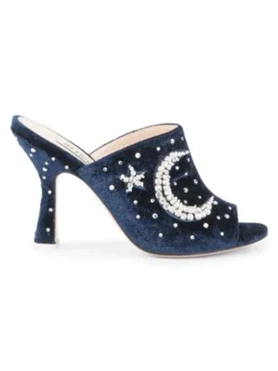 Shop Attico Velvet Embellished Moon Mules In Blue