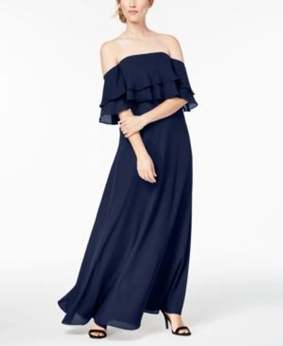 Shop Calvin Klein Tiered Flounce Gown In Navy