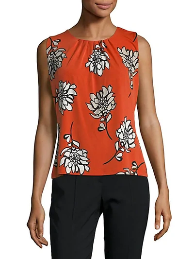Shop Calvin Klein Sleeveless Floral Pleated Blouse In Spicy Orange