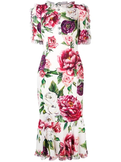 Shop Dolce & Gabbana Peony Print Dress - White