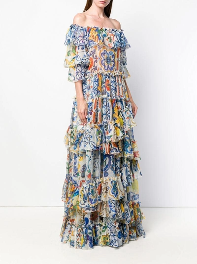 Shop Dolce & Gabbana Majolica Print Chiffon Gown In Blue