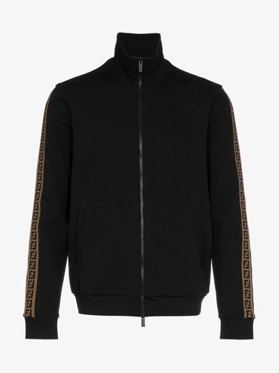 Shop Fendi Zipped Logo Stripe Track Jacket In Black