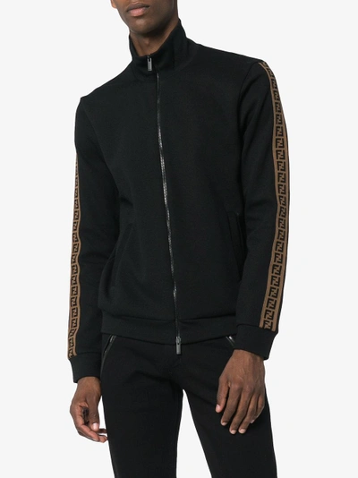 Shop Fendi Zipped Logo Stripe Track Jacket In Black