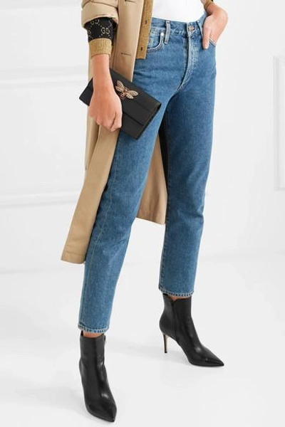 Shop Gucci Queen Margaret Embellished Leather Shoulder Bag In Black