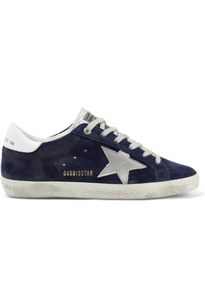 Shop Golden Goose Superstar Distressed Suede And Leather Sneakers In Navy
